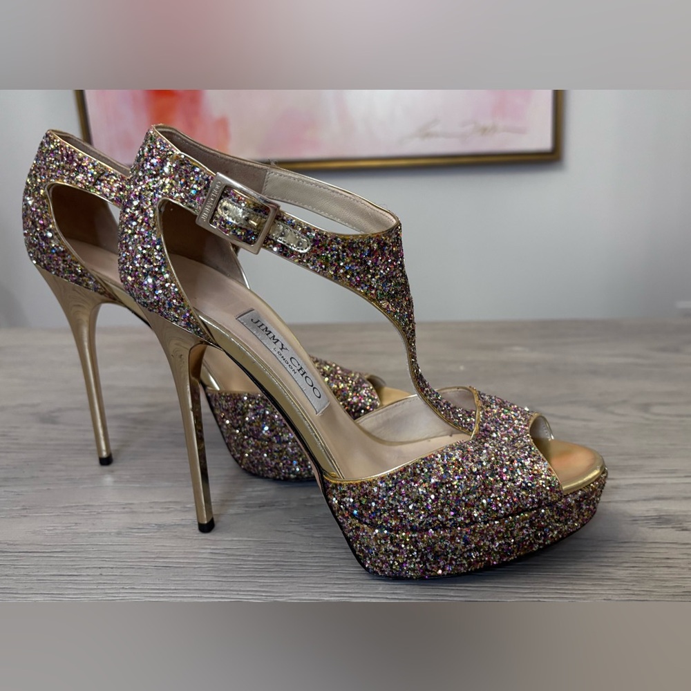 Jimmy Choo Glitter Glitter Accents T-Strap Platforms Size 38 - Picture 3 of 11